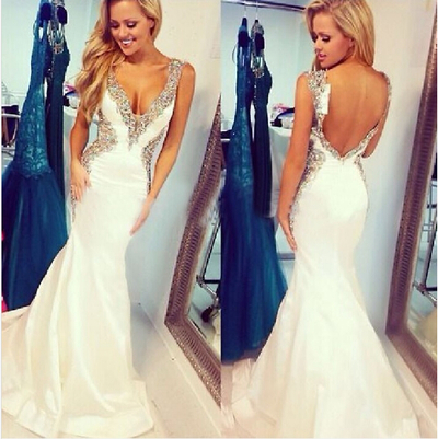 crystal prom dresses,2015 Long Elegant Prom Dress,V Neck prom dress,Backless prom dresses,Mermaid Evening Dresses,15050502