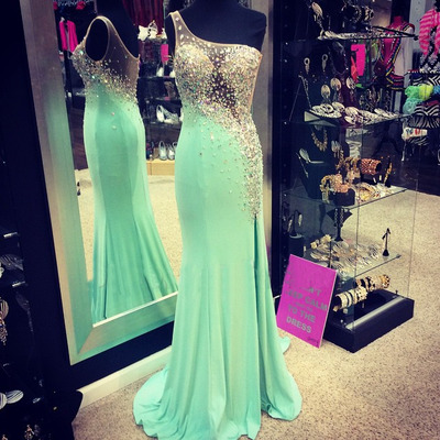 mint prom dress, long prom dress, one shoulder prom dress, prom dress 2018, free custom prom dress, BD14352