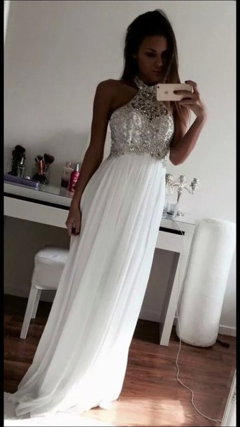 White prom dress,Custom prom dress,A Line prom dress,Halter Neck prom dress,Floor Length Prom Dresses,15051310