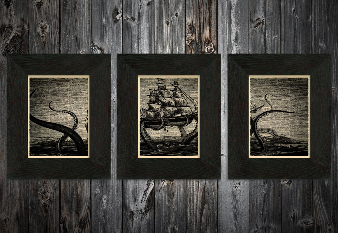 Complete set of 3 Kraken art prints Sailors delight on Upcycled vintage Dictionary page #0007