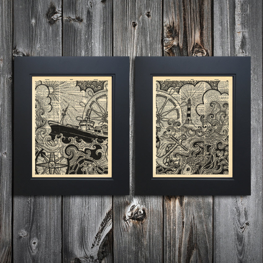 Complete set of 2 Sailor Tattoo art prints on Upcycled vintage Dictionary page #0088