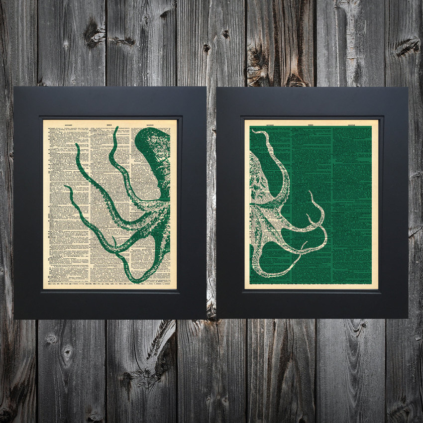 Nautical Giant Squid art print on Upcycled vintage Dictionary page #0083