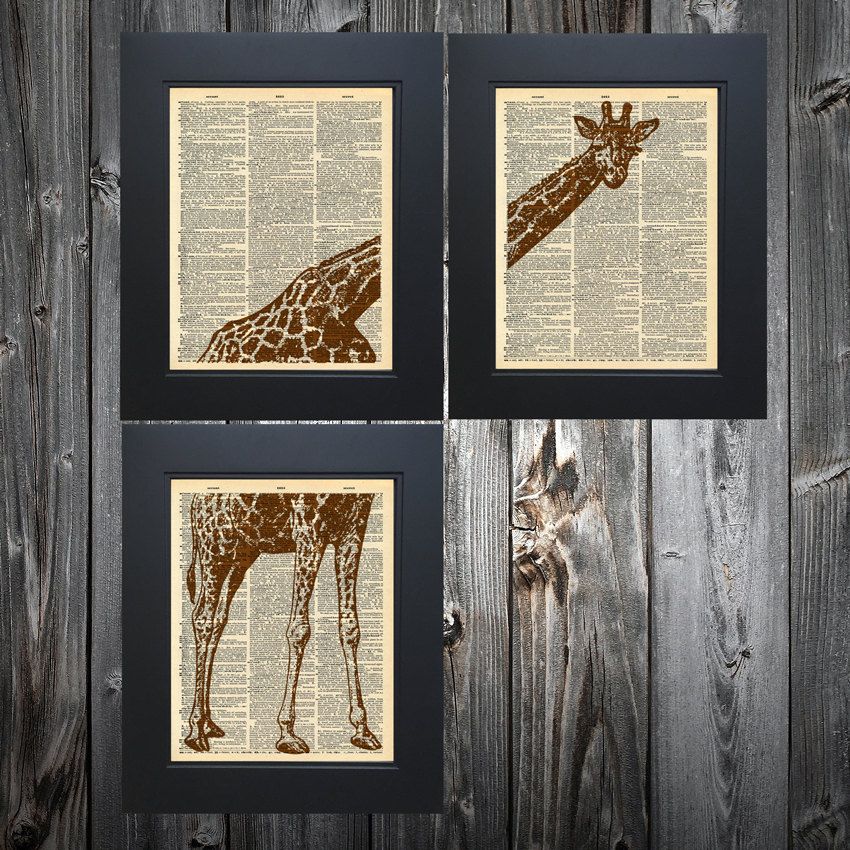 Giant 3 piece Giraffe art print on Upcycled vintage Dictionary page #0084