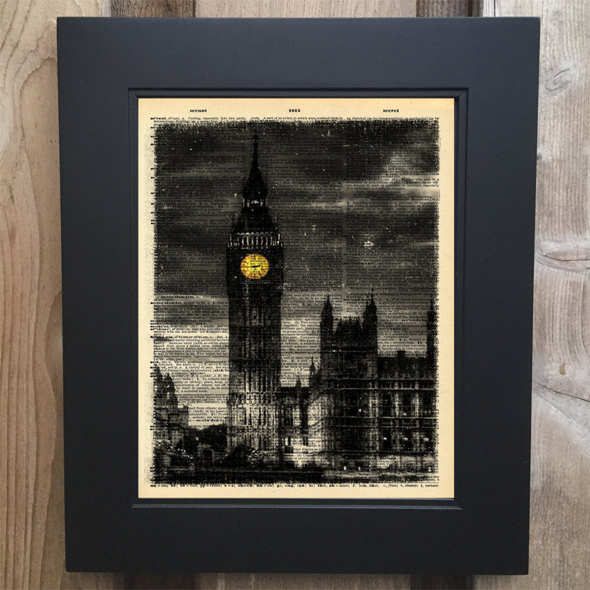 Big Ben London art print on Upcycled vintage Dictionary page #0087