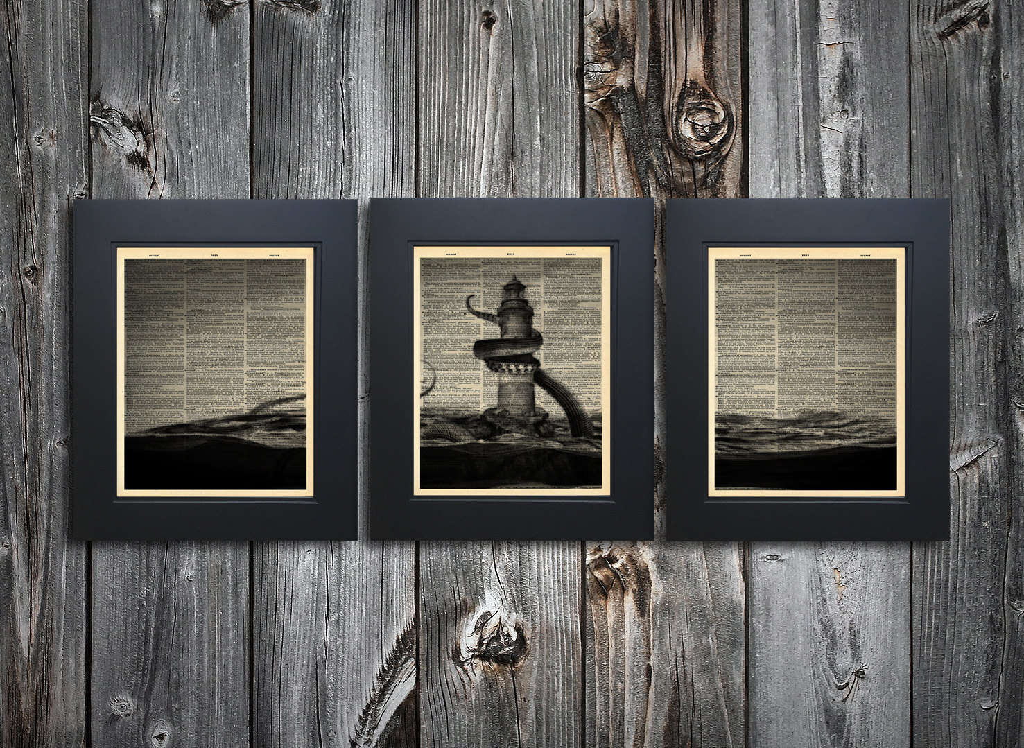 Complete set of 3 Kraken art prints Sailors delight on Upcycled vintage Dictionary page #0086