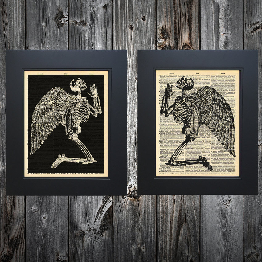 Praying Angels Skeleton art print on Upcycled vintage Dictionary page #0071