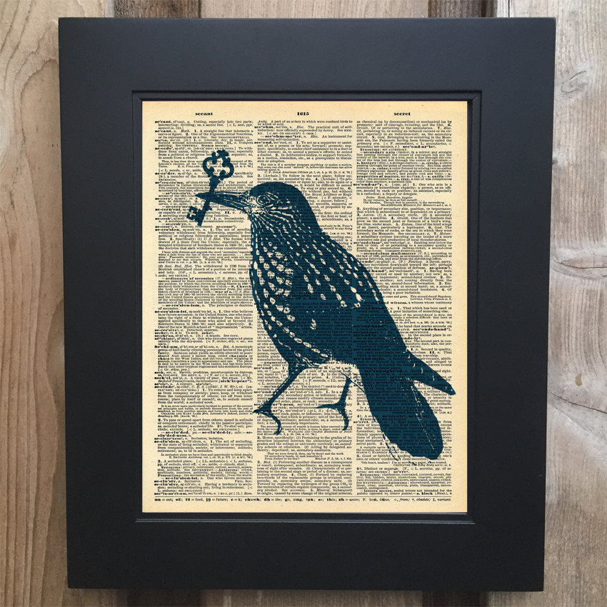 Cool Bird with key art print on Upcycled vintage Dictionary page #0068