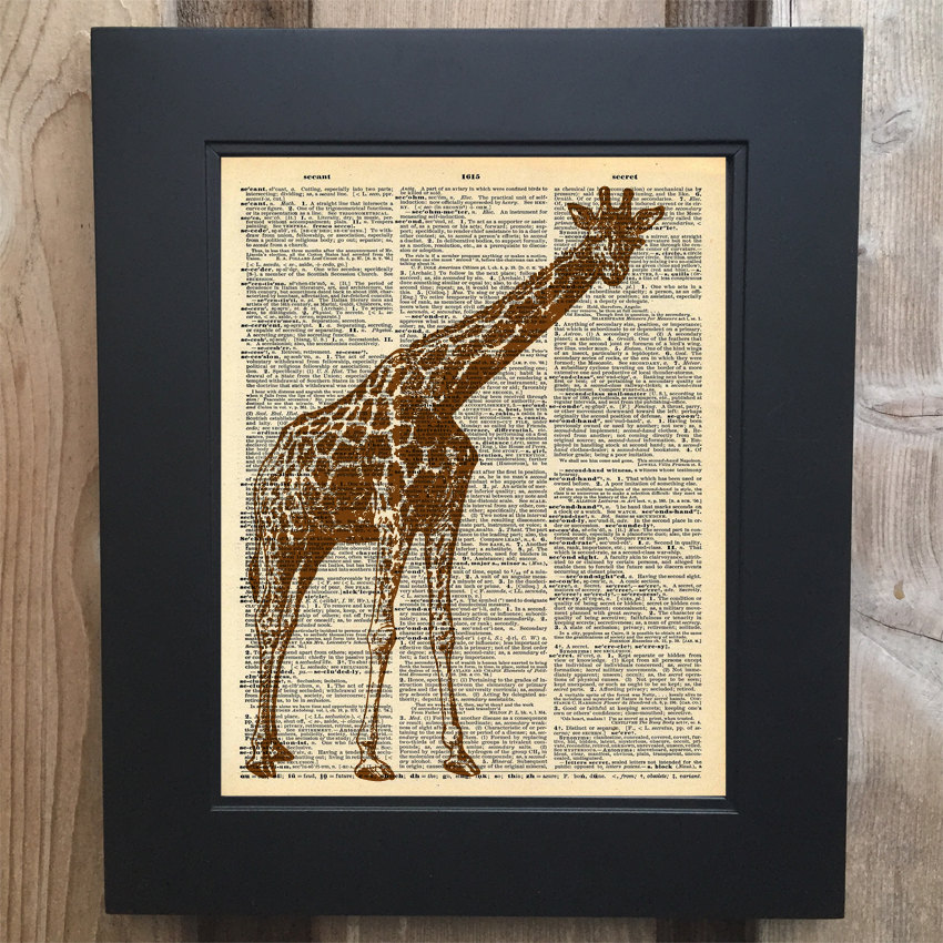 Cool Giraffe art print on Upcycled vintage Dictionary page #0065