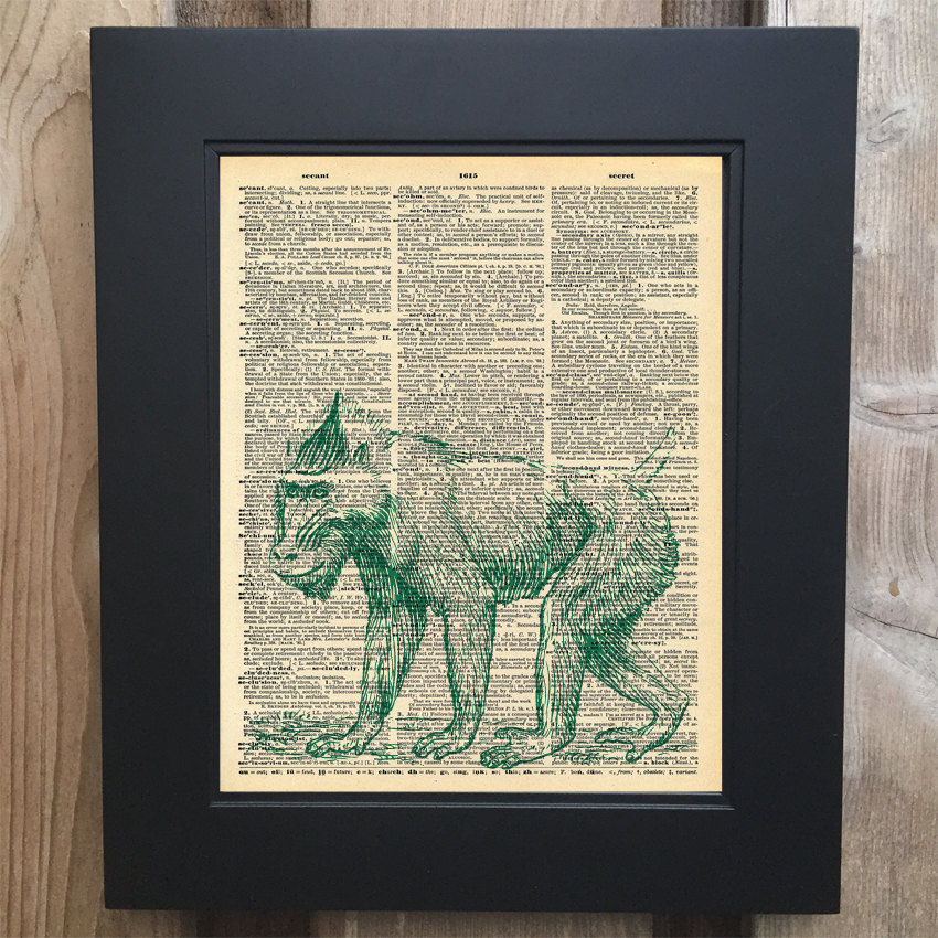 Cool Baboon art print on Upcycled vintage Dictionary page #0062