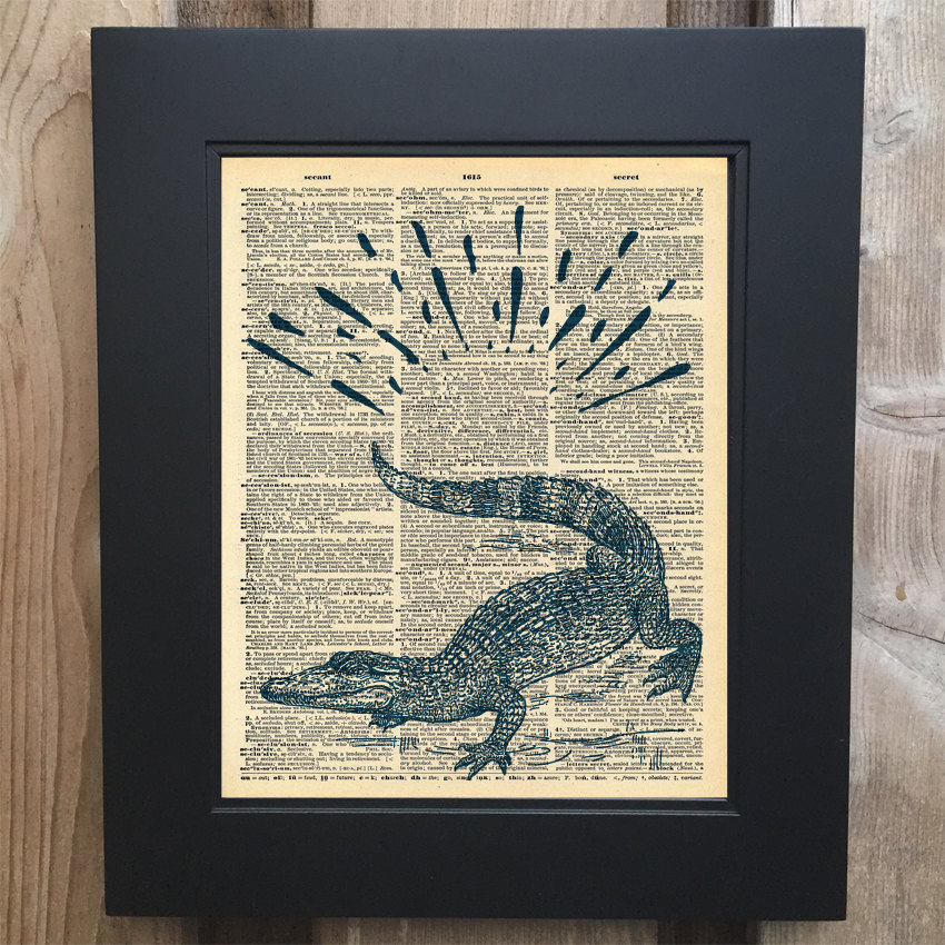 Cool Crocodile art print on Upcycled vintage Dictionary page #0058