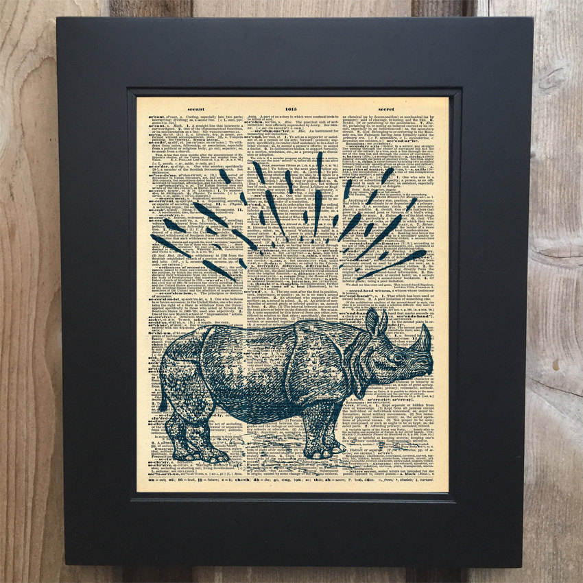 Cool Rhino art print on Upcycled vintage Dictionary page #0056