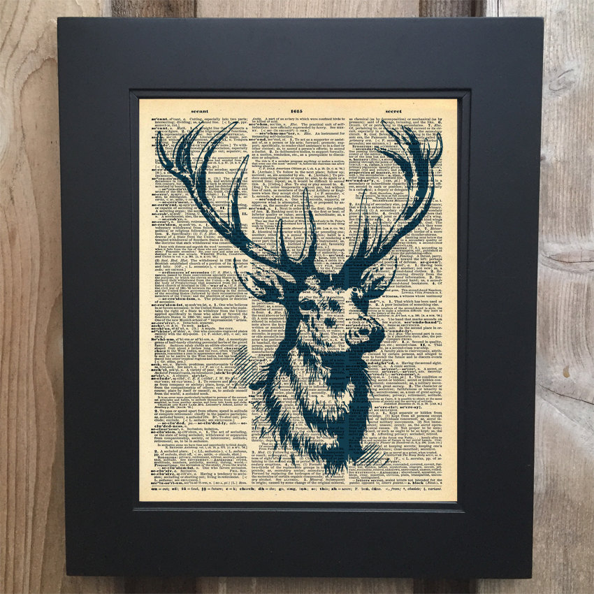 Cool Stag Head art print on Upcycled vintage Dictionary page #0054