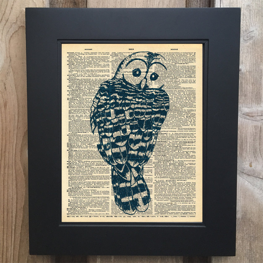 Cool Owl art print on Upcycled vintage Dictionary page #0050