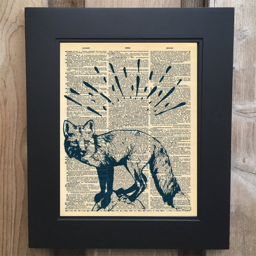 Cool Fox art print on Upcycled vintage Dictionary page #0047