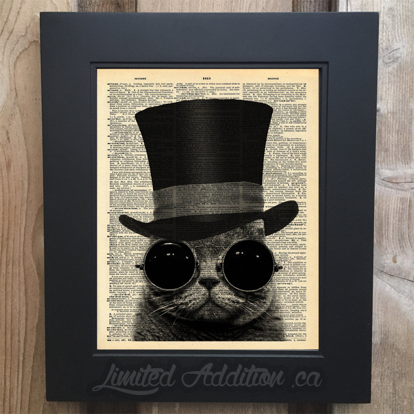 Cool cat art print on Upcycled vintage Dictionary page #0008
