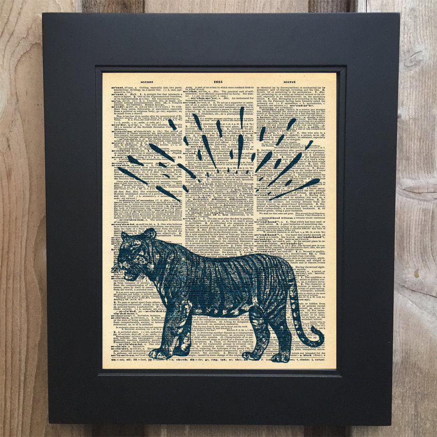 Cool Tiger art print on Upcycled vintage Dictionary page #0048
