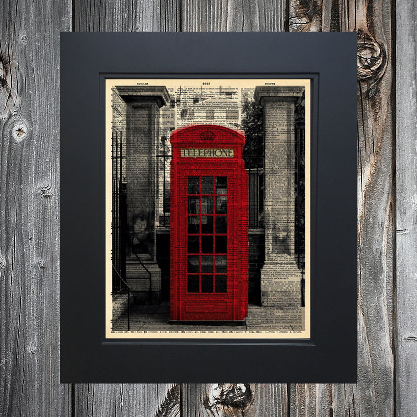 British Telehone booth art print on Upcycled vintage Dictionary page #0043