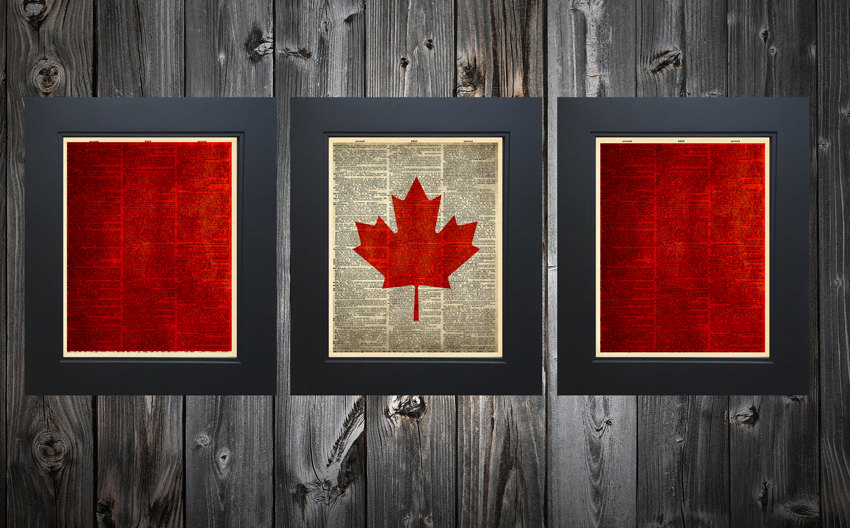 Complete set of 3 Canadian Flag art prints on Upcycled vintage Dictionary page #0042