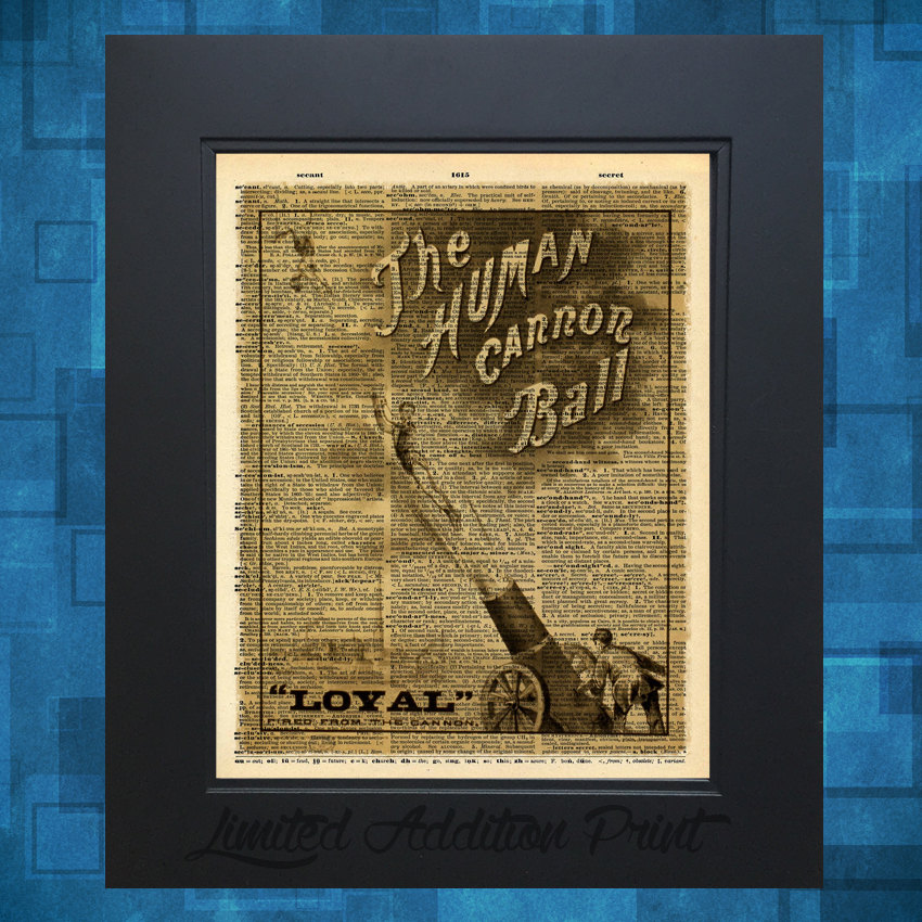 Vintage Circus Human Cannonball art print on Vintage Upcycled Dictionary Page One of a kind gift #0038