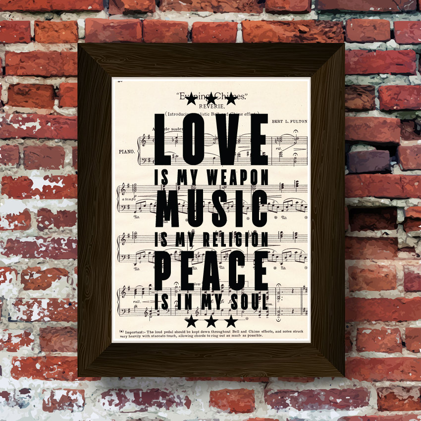 One of a kind Limited Music Art print Love is my weapon Upcycled Early 1900's Music Book #0010