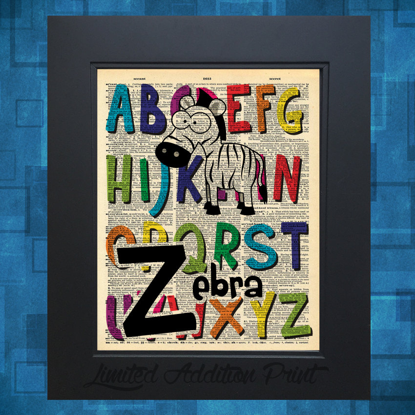 Z is for Zebra Alphabet art print on Vintage Upcycled Dictionary Page