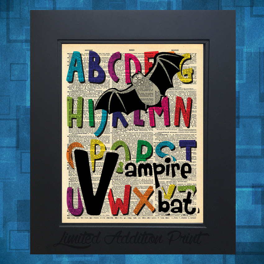 V is for Vampire Bat Alphabet art print on Vintage Upcycled Dictionary Page