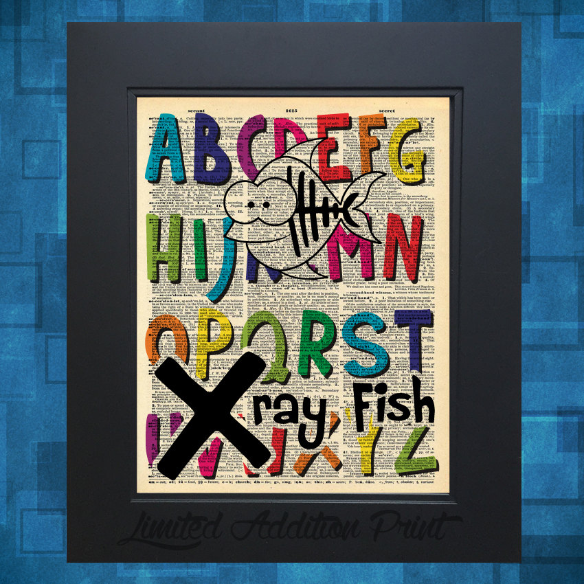 X is for Xray Fish Alphabet art print on Vintage Upcycled Dictionary Page