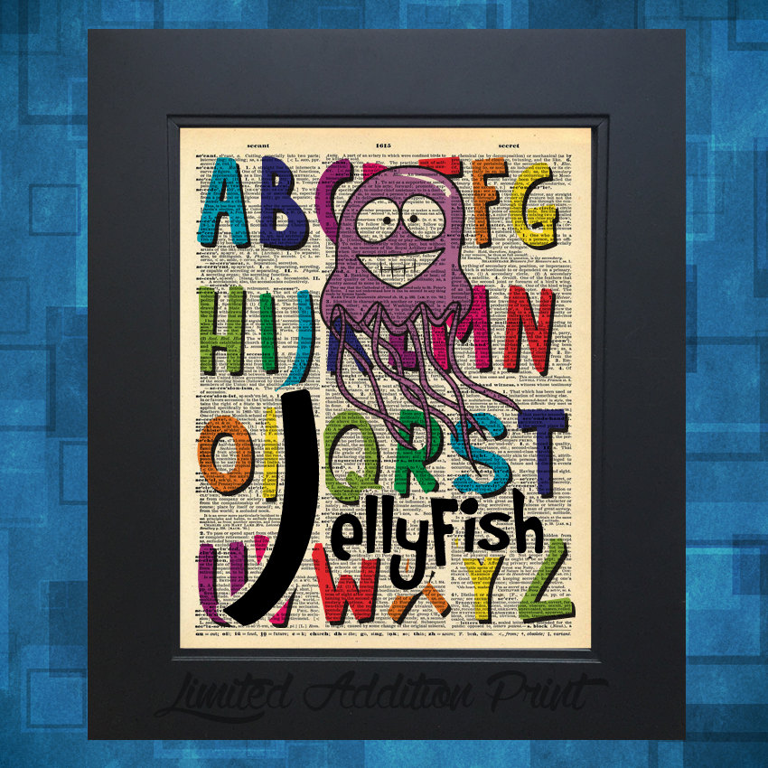 I is for Jellyfish Alphabet art print on Vintage Upcycled Dictionary Page