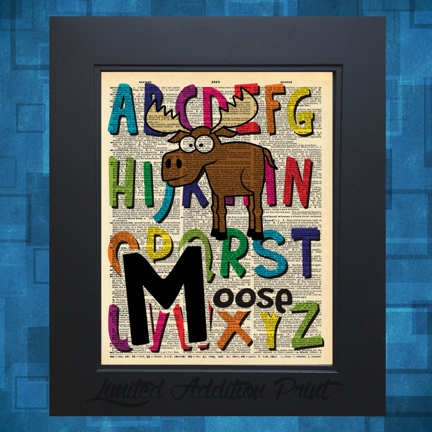 M is for Moose Alphabet art print on Vintage Upcycled Dictionary Page