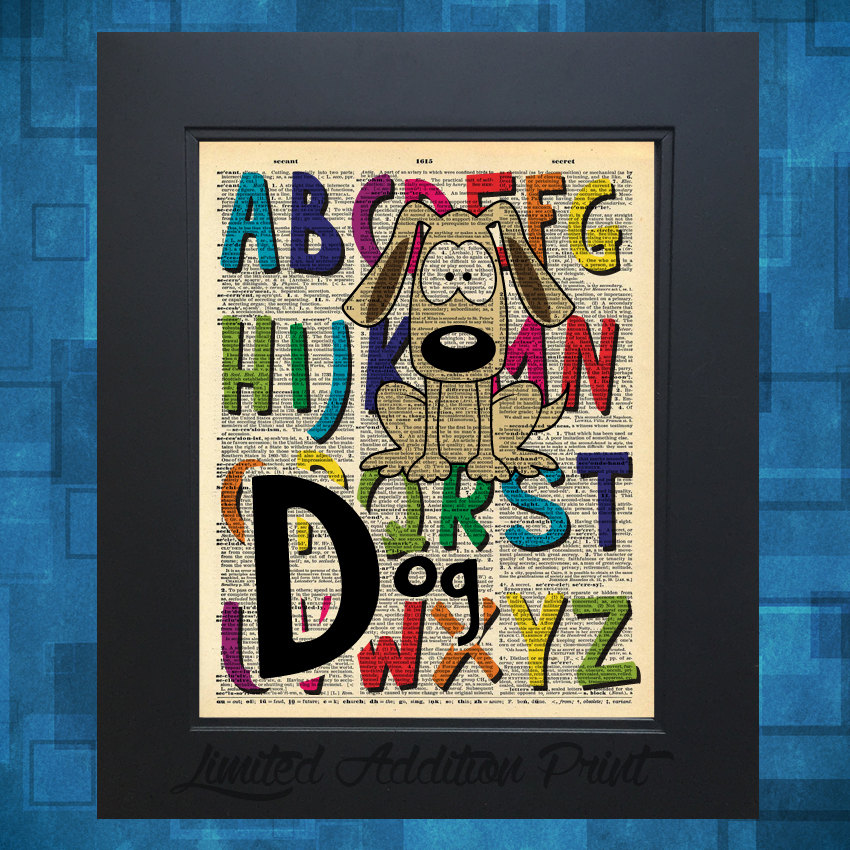 D is for Dog Alphabet art print on Vintage Upcycled Dictionary Page