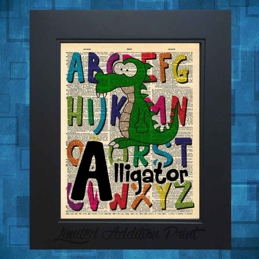 A is for Alligator Alphabet art print on Vintage Upcycled Dictionary Page