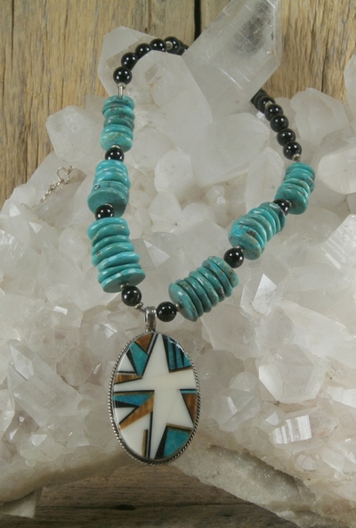 Turquoise and Black Tourmaline with Inlay Pendant