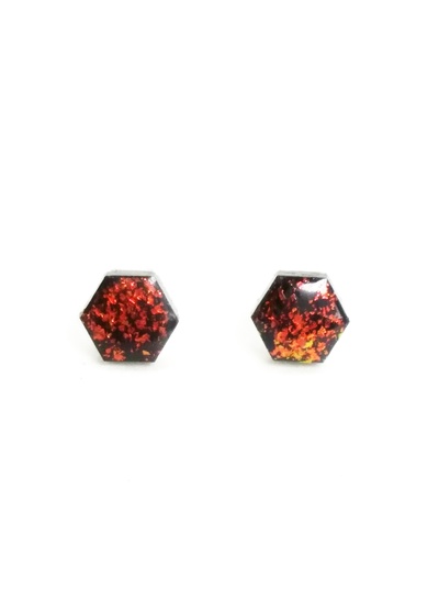 Fire Opal Hex Earrings Faux Opalescent Black Hexagon Post Stud Earrings