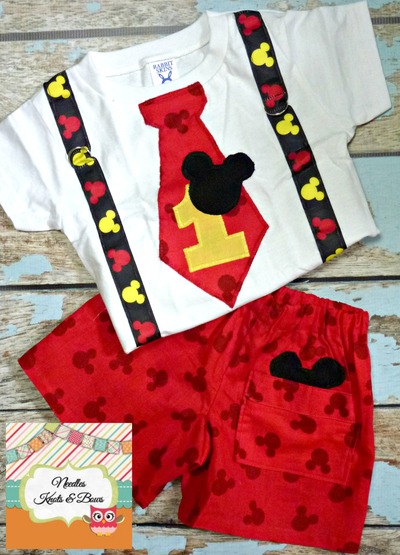 Boys Mickey Mouse Birthday Outfit, Baby Boys 1st Birthday Outfit, Tie Suspender Birthday Shirt w/ Red Mickey Mouse Shorts