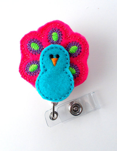 Blue and pink peacock - retractable id felt badge holder - id badge holder - rn badge - nurse badge holder - nursing badge clip