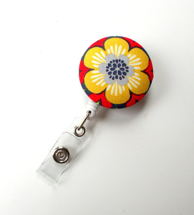 Flower red yellow gray - cute id badge reel - nurse badge holder - nursing badge reel - retractable id badge reel - teacher badge - nurse