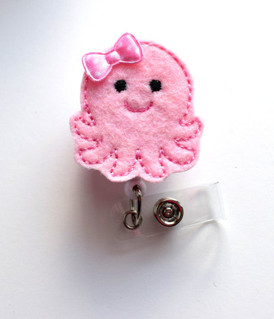 Pink octopus - retractable id badge reel - md badge holder - cute badge reel - nurse badge holder - nursing badge clip - teacher badge