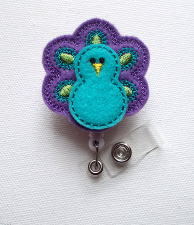 Blue and purple peacock - retractable id felt badge holder - id badge holder - rn badge - nurse badge holder - nursing badge clip