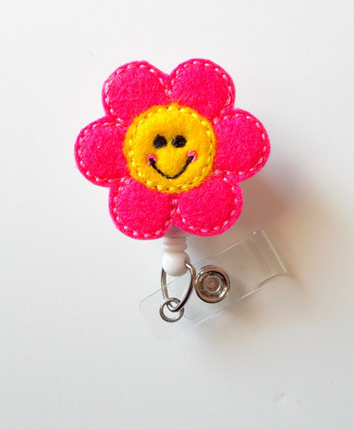 Happy flower - retractable id badge reel - md badge holder - cute badge reel - nurse badge holder - nursing badge clip - teacher badge