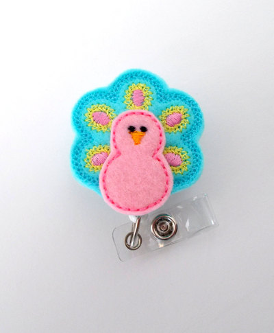 Pink and aqua peacock - retractable id felt badge holder - badge holders - rn badge - nurse badge holder - nursing badge clip - teacher id