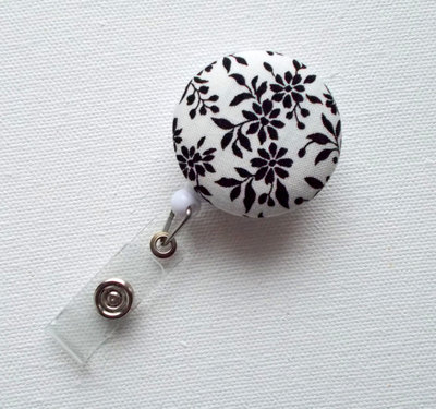Black floral - retractable id badge holder - name badge holder - flower badge reel - nurse badge holder - teacher id badge reel