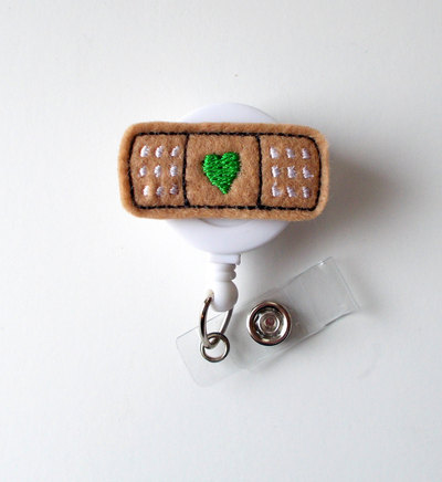 Bandaid green heart - retractable id badge reel - md badge holder - cute badge reel - nurse badge holder - nursing badge clip - felt badge