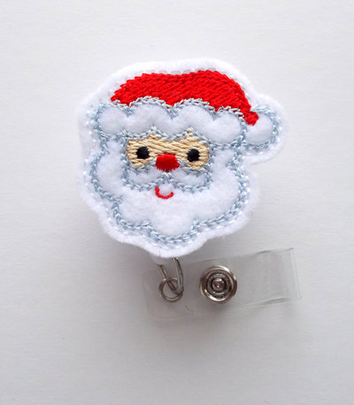 Santa claus curly hair - retractable id felt badge holder - christmas badge reel - nurses badge holder - medical badge - teacher badge
