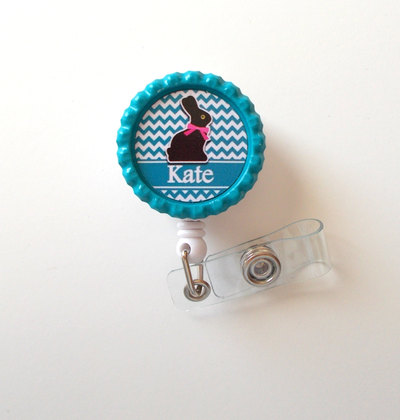 Personalized easter bunny aqua - id badge holder - badge reel - name badge holder - bottle cap badge - nursing badge - nurse badge holder