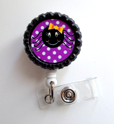 Black spider purple polka dots - medical badge reel - badge clip - nursing badge - teacher badge - nurses badge - halloween badge