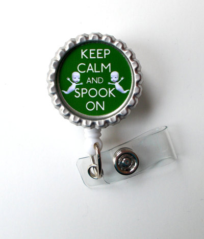 Keep calm and spook on green - name badge holder - ghost badge reel - nursing badge - teacher badge - nurses badge - halloween badge