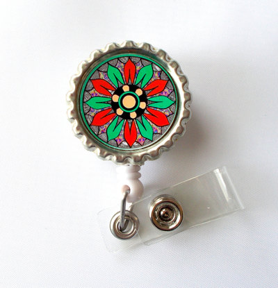 Funky flower green and red - flower badge holder - nursing badge holder - id badge reel - nurse id badge clip