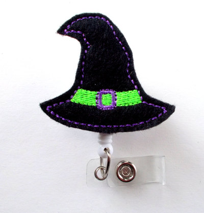 Witch hat purple and green - name badge holder - halloween badge reel - nurse badge holder - nursing badge clip - felt badge - rn gift