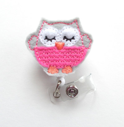 Sweet owl pink - retractable id badge reel - teacher badge holder - cute badge reel - nurse badge holder - nursing badge clip - felt badge