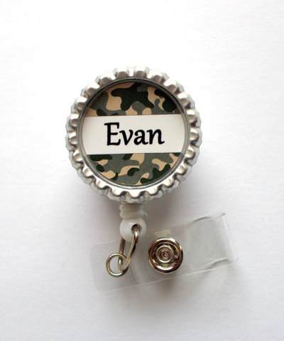 Personalized camouflage green bottle cap badge reel - male badge reel - teacher badge - dr badge reel - camo badge reel - male nurse badge